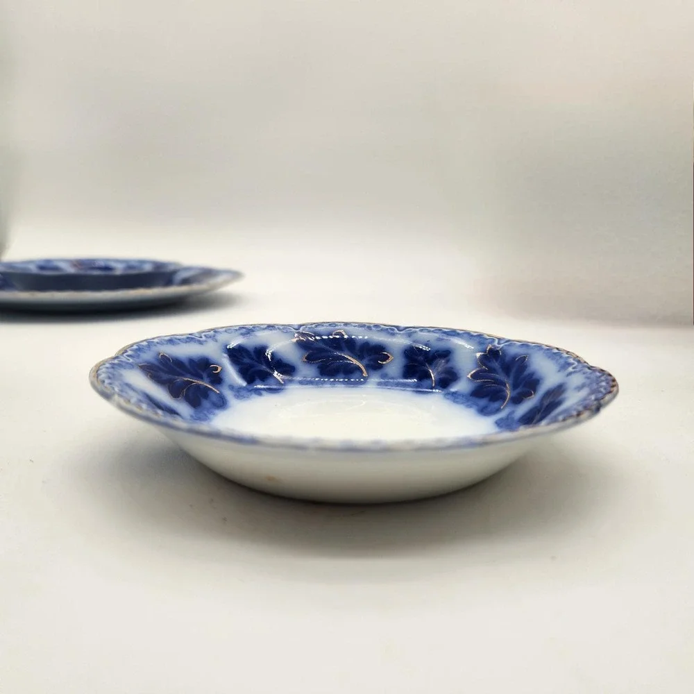 Johnson Bros Normandy Flow Blue Leaf 2 Saucers/1 Plate England Vintage Gold Trim